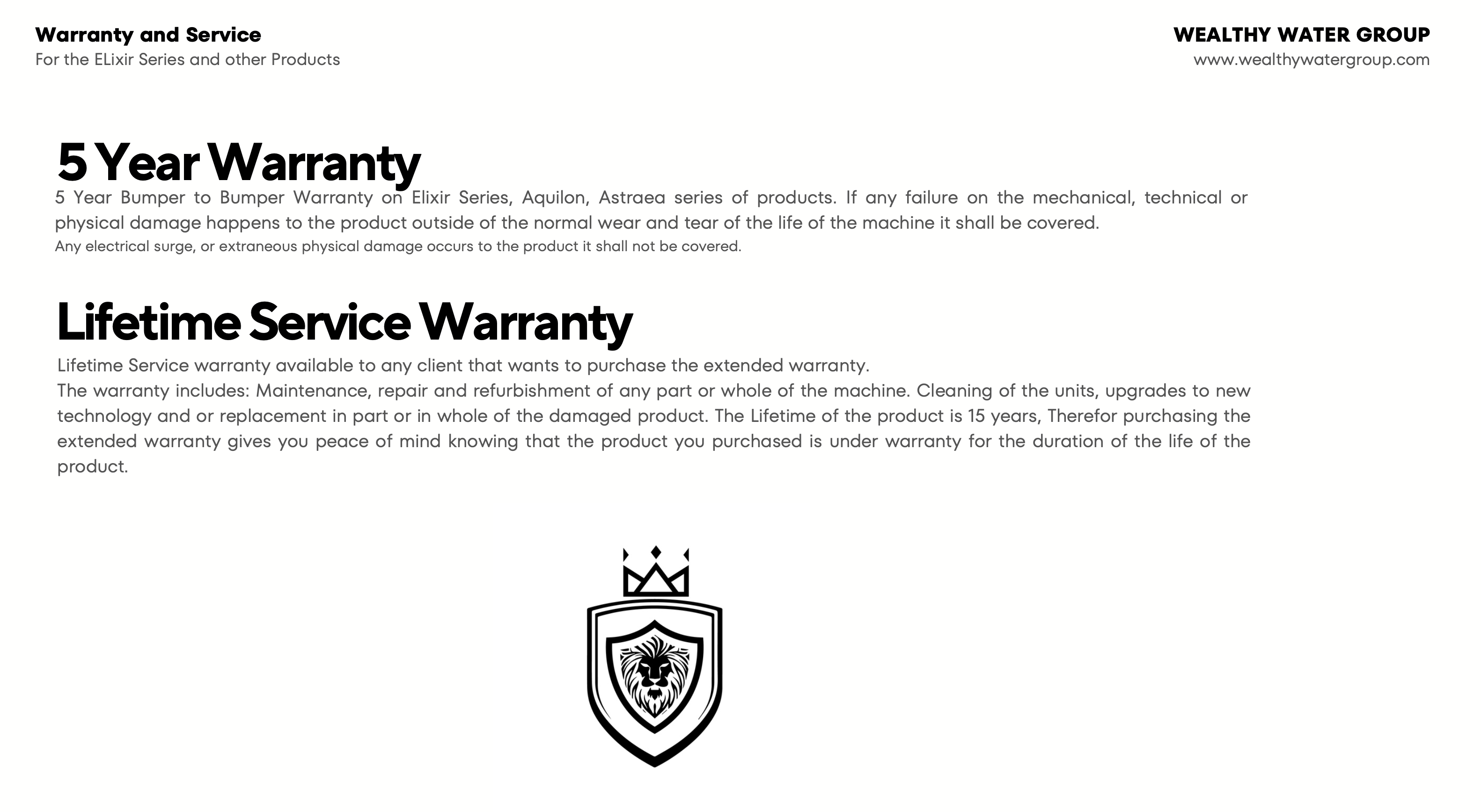 LIFETIME EXTENDED WARRANTY – Wealthy Water Group Inc.